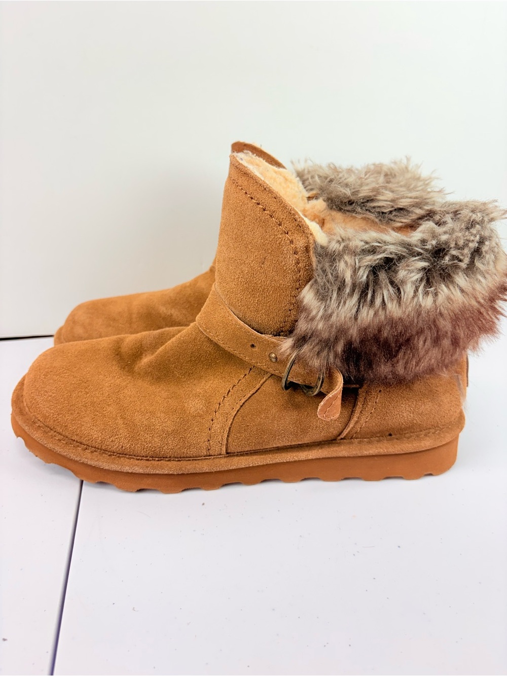 BEARPAW Shorty Suede Ankle Boots Womens 11 Hickory Tan Faux Fur Buckle Booties